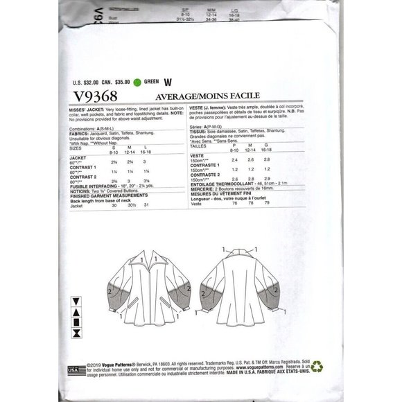 Vogue V9368 Misses S to L Julio Cesar Lined Jacket Uncut Sewing Pattern New - Picture 2 of 2